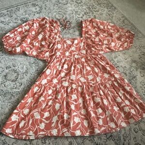 Never been worn!! Peach and white printed dress; size L